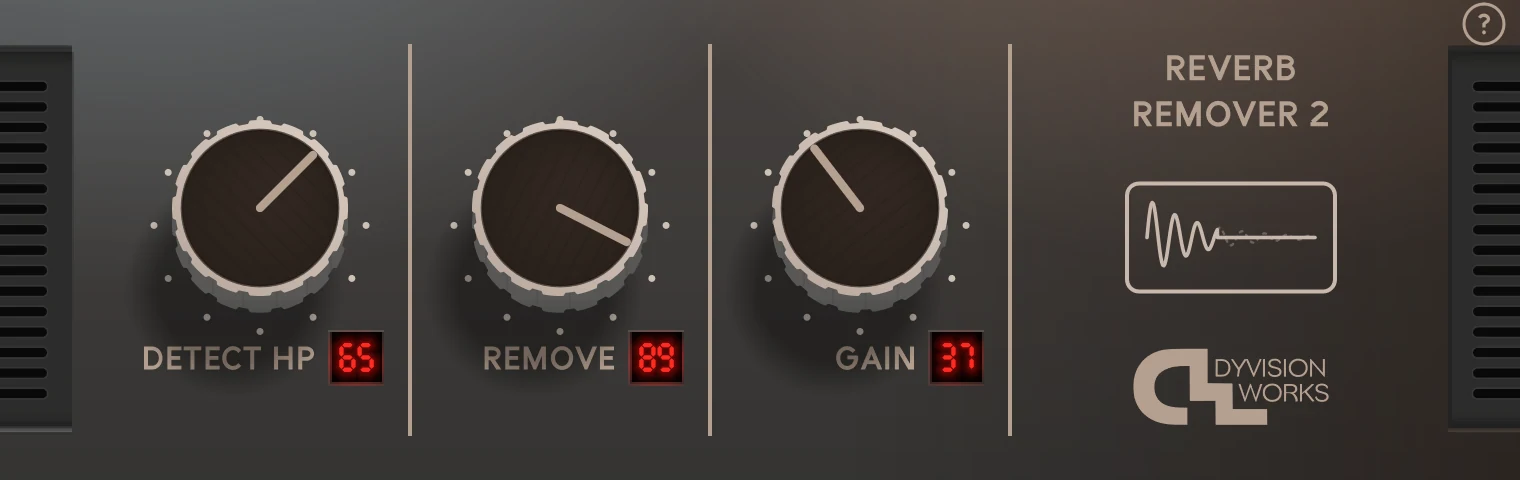 The Reverb Remover 2 interface: Detect HP, Remove and Gain knobs with red LED readouts